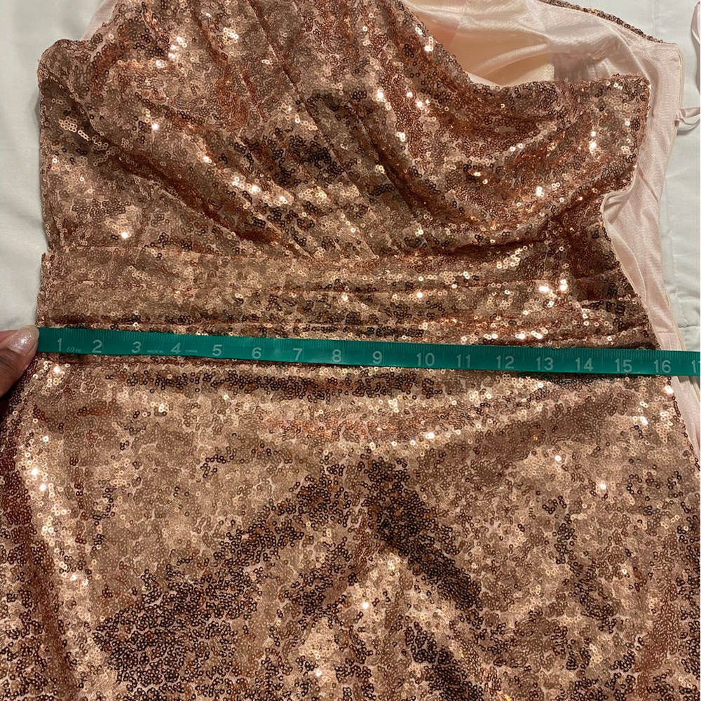 Rose Gold One Shoulder Evening Gown with Broken Zipper - Picture 2 of 7